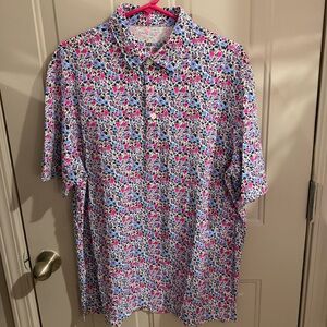 IBKUL Men’s Floral Short Sleeve Polo - Pink & Blue